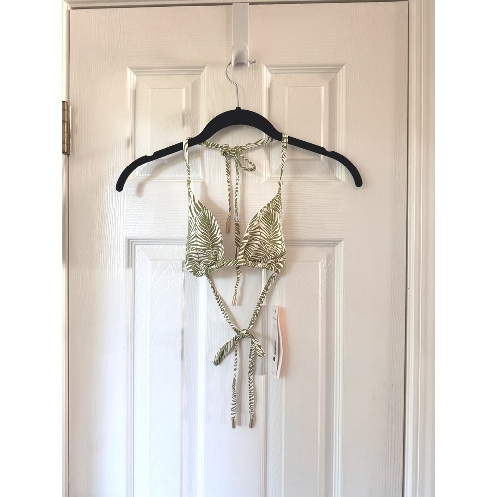 AQUA Swim String Triangle Bikini Top Olive Multi Palm Leaf Small AQPR25100